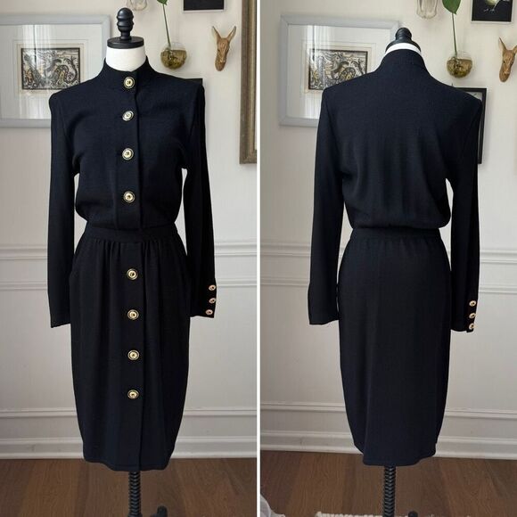 St John Collection Marie Gray Black Santana Knit Button Front Dress 6 - Picture 1 of 9